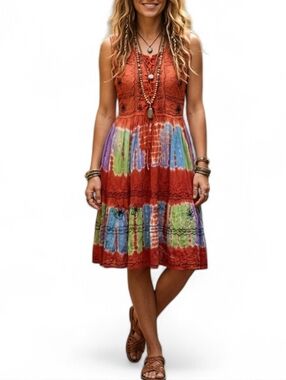 Nancy Images Vintage 90s Rayon Tie Dye Embroidered Lace Up Boho Midi Dress